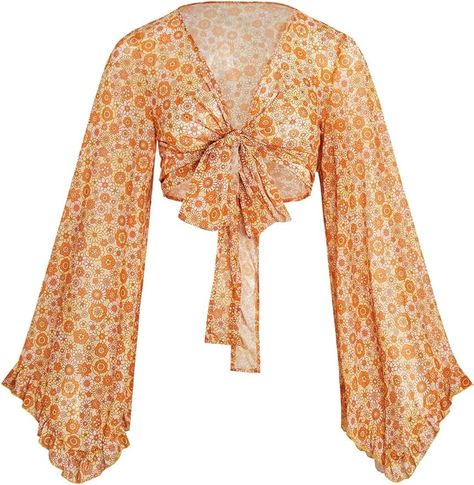 Verdusa Women's 70s Floral Print Tie Front Mesh Cover Up Long Bell Sleeve V Neck Crop Boho Blouse Multicolor Medium at Amazon Women’s Clothing store Bell Sleeve Top 70s, 70s Blouse, Mesh Cover Up, 70s Floral, Boho Blouse, Floral Sleeve, Printed Ties, Boho Blouses, Amazon Women