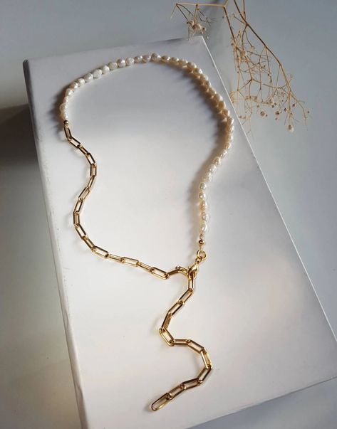 Half Pearl Half Chain Necklace Gold Link Adjustable Paperclip - Etsy Half Pearl Half Chain Necklace, Half Chain Necklace, Sea Inspiration, Chain Necklace Gold, Gold Link, Beaded Necklaces, Natural Pearls, Cultured Pearls, Paper Clip