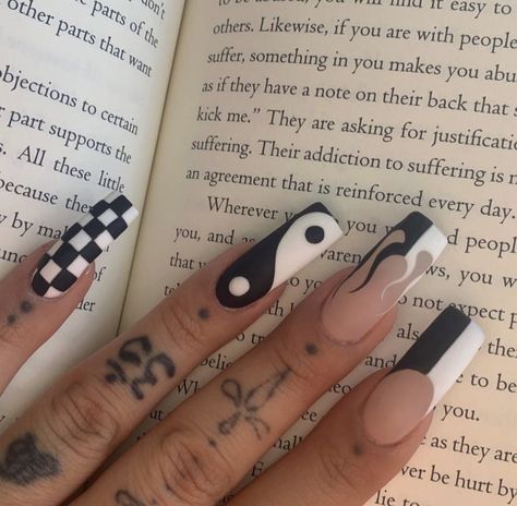 Upside Down Cross Nails, Ying Yang Nail Design, Yin Yang Nail Designs, Yin And Yang Nail Designs, Sick Nail Designs, Black Nails Inspo Aesthetic, Ying Yang Nails Acrylic, Ying Yang Nail Art, Goth Spring Nails