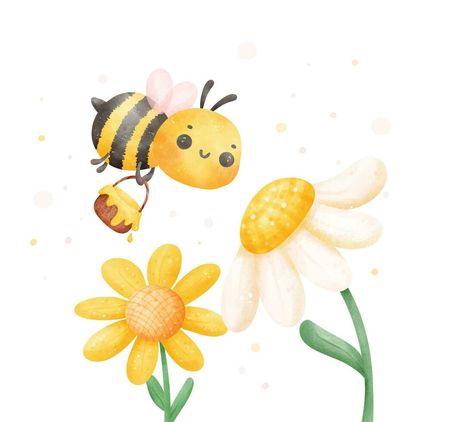 Cartoon Bees Cute, Honey Bee Illustration, Bee With Flowers, Watercolor Banner, Banner Cartoon, Watercolor Cartoon, Bee Painting, Bee Illustration, Children Sketch