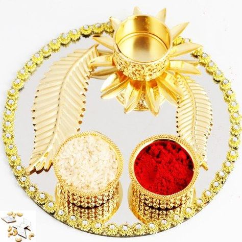 Designer Golden Pooja Thali with 1000 gms Kaju katli - Online Shopping for Diwali Pooja Accessories by Ghasitaram Gifts Arti Thali, Corporate Diwali Gifts, Aarti Thali, Designer Tray, Diya Designs, Haldi Kumkum, Diwali Design, Thali Decoration, Diwali Pooja