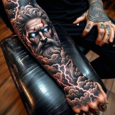 Arm Tattoos For Guys Forearm, Greek God Tattoo, Poseidon Tattoo, Zeus Tattoo, Realistic Tattoo Sleeve, Men Tattoos Arm Sleeve, Cool Arm Tattoos, Muster Tattoos, Half Sleeve Tattoos For Guys