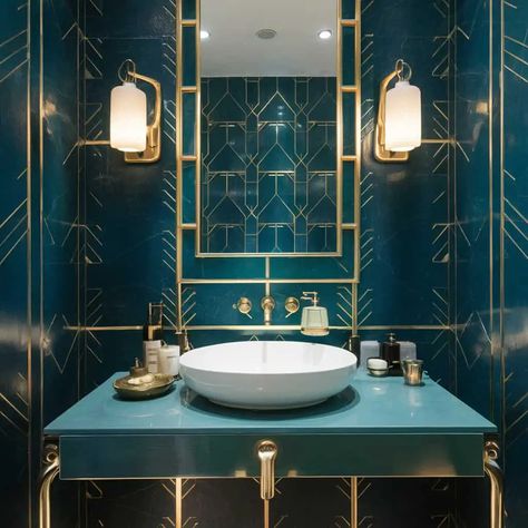 25 Dazzling Art Deco Bathroom Ideas to Transform Your Space - Fabricerie Art Deco Small Bathroom, Deco Bathroom Ideas, Art Deco Bathroom Ideas, Art Deco Toilet, Art Deco Powder Room, Modern Art Deco Bathroom, Art Deco Design Elements, Art Deco Bathrooms, Geometric Tile Pattern