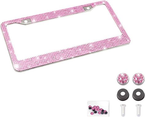 [Premium Quality] Our license plate frame is made of stainless steel and fully covered with gorgeous handcrafted crystal, sturdy and lightweight. The edge of license plate frame has been covered to prevent scratching paint. Bling Car, Bling Car Accessories, Car Accessories For Girls, Car Plates, Car License, Car License Plate, Pink Bling, Pink Car, Plate Holder