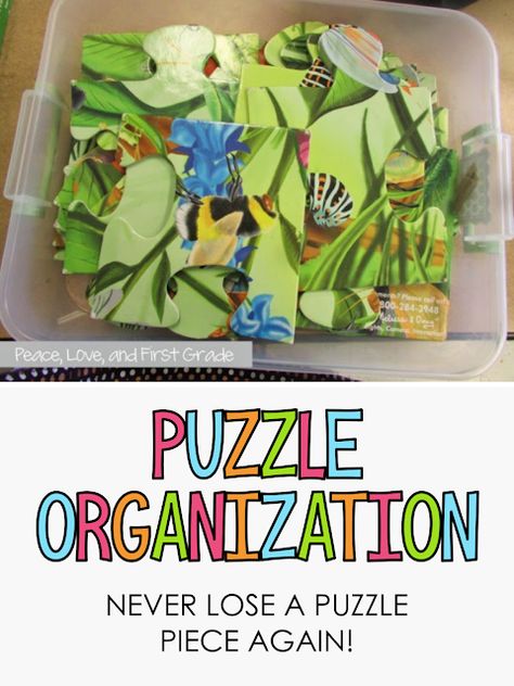 Puzzle Organization Ideas, How To Organize Puzzles, Classroom Puzzle Storage, How To Store Wooden Puzzles, How To Organize Wooden Puzzles, Puzzle Storage Ideas, Classroom Puzzle, Puzzle Piece Classroom Activity, Puzzle Organization