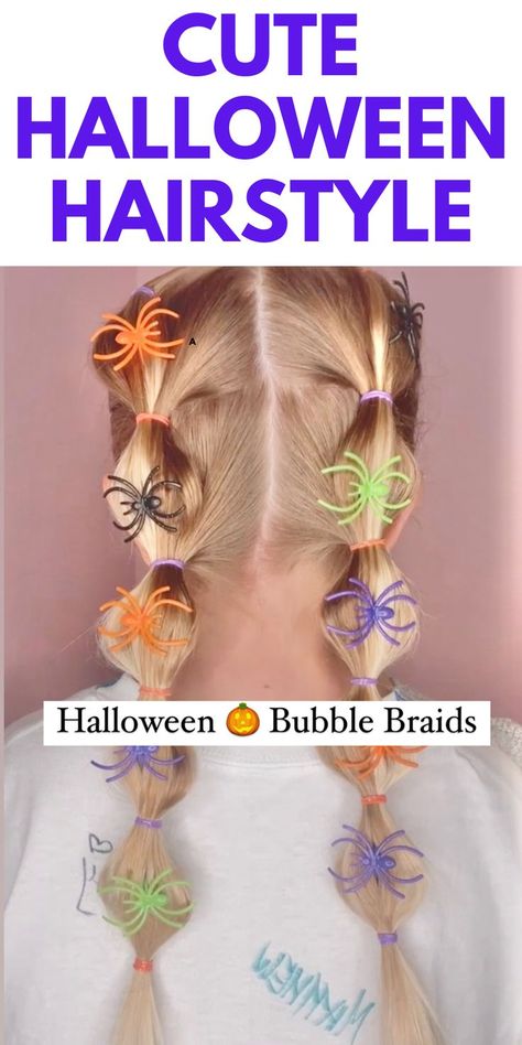 EASY HALLOWEEN HAIRSTYLE - BUBBLE BRAIDS - HERE IS A QUICK AND EASY HALLOWEEN HAIRSTYLE FOR YOU TO TRY. Halloween Bubble Braids, Spider Bubble Braids, Girls Halloween Hairstyles, Hairstyle Bubble, Braids For Girls, Zombie Hair, Halloween Hairstyle, Shiny Black Hair, Halloween Hairstyles