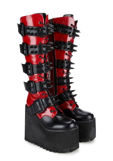 Black And Red High Heels, Six The Musical Boots, Black And Red Boots, Cherry Red Boots, Spiked Boots, Stile Punk Rock, Witchy Boots, Alt Shoes, Red Clothing