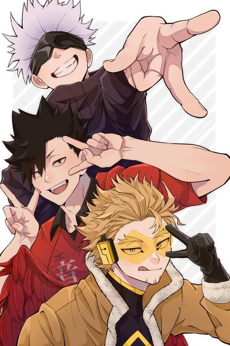 – gojo, kuuro and hawks from #jujutsukaisen #haikyuu #bokunoheroacademia ! by sugi_wtnb08 on twitter Coco Puffs, Hawk Pictures, Gojo Satoru, Cute Anime, Anime Crossover, My Hero Academia Episodes, Anime One, Hero Academia Characters, Anime Boys