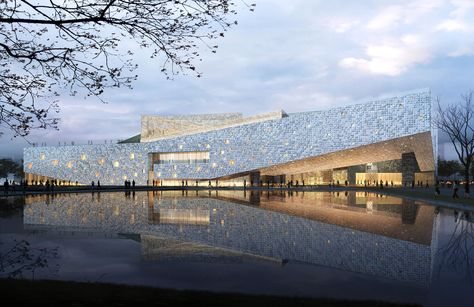 At the Tianjin Museum in the coastal town of Tianjin, China, rivers of water and walking paths bring to mind winding salt beds, and the translucent glass-cube façade mimics the mineral’s crystalline nature. Read on for more innovative architecture design. Mad Architects, Innovative Architecture, Museum Architecture, New Museum, Modern Architecture House, Tianjin, Design Museum, Architecture Project, Architect Design