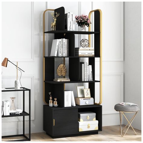 PRICES MAY VARY. 📒【Unique Design】This 74 inch geometric bookcase adds a touch of modern sophistication to your living space,with its unique geometric shape and sleek metal frame,perfect for displaying your favorite books and decorative items. 📒【Abundant Storage Space】The 4 tier bookshelf can maximize your storage and display space,with 8 open shelving units and 2 convenient storage cabinets with 1 sliding door,plenty of storage space,ideal for keeping your things organized and clutter-free. 📒 Bookcase Modern, Black Bookshelf, Geometric Bookcase, Popular Kitchen Designs, Shelves For Bedroom, Wood Storage Shelves, Open Shelving Units, Modern Bookshelf, Creative Bedroom