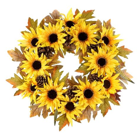 Fall into the season with our delightful home decor items. Whether it's a festive wreath, pumpkin-inspired accents, artificial florals/greenery or cozy throw blanket, we have everything you need to create an inviting atmosphere that celebrates the beauty of the harvest time of year. Enjoy our 22in. Sunflower wreath and celebrate and experience the season to the fullest. | Sunflower Wreath, 22", Yellow, Plastic Fall Floral Decor, Led Candle Decor, Wreath Garland, Colors Of Autumn, Coffee Wall Decor, Cross Wall Decor, Religious Wall Decor, Festive Wreath, Decorative Spheres