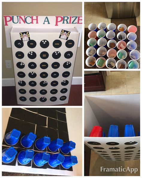 Punch a Prize game Filled solo cups with gift cards to random places. Punch A Prize Game, 90s Game Shows, Birthday Gift Opening Games, Punch A Prize Diy, Diy Deal Or No Deal Game, Casino Party Ideas Games, Whats In The Box Game, Birthday Game Prizes, Punch Cups Game