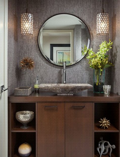 Tuscan Bathroom Decor, Transitional Powder Room, Powder Room Design Ideas, Contemporary Powder Room, Tuscan Bathroom, Washbasin Design, Powder Room Decor, Powder Room Design, Bad Inspiration