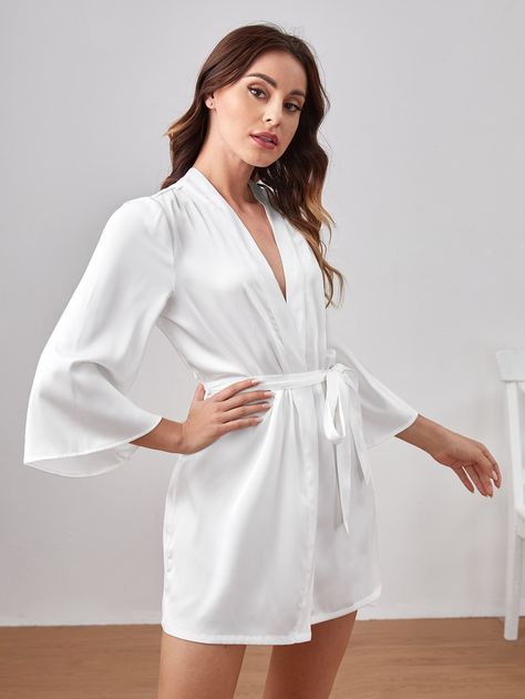 White Simple  Three Quarter Length Sleeve Satin Plain  Embellished Non-Stretch  Women Sleep & Lounge Robes Satin, Women Robes, Satin Robes, Wedding Robes, Outfit Polyvore, Kimono Robes, Wedding Robe, Printed Robe, Women's Robe