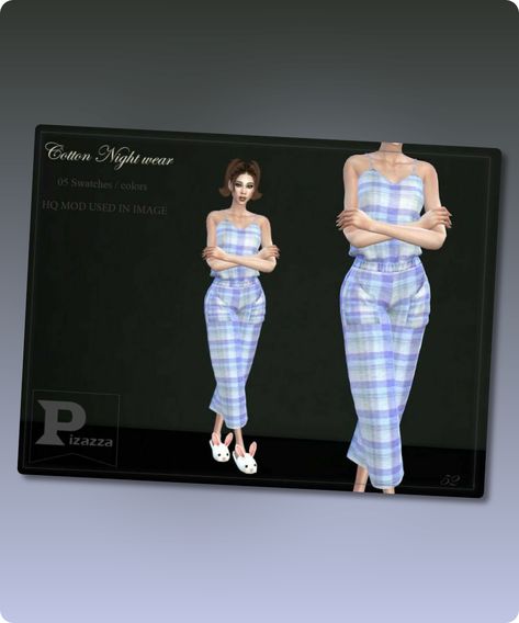 Sims 4 Cotton Nightwear Cotton Nightwear for your female sims. Sims 4 games. Put something stylish on your sims. the image above was taken in-game so that you can see how it will look while you play. Pic only shows 1 of 05 different styles of the Cotton Nightwear NEW MESH INCLUDED WITH DOWNLOAD BaseContinue reading "Cotton Nightwear By Pizazz" #female_clothing #base_game #sleepwear #sims #sims4 #sims4cc Sims 4 Cc Nightwear, Female Sims, Mod Jacket, Cotton Nightwear, Sims 4 Cc Download, Best Sims, Female Clothing, Sims 4 Game, Family Fashion