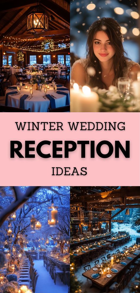 A beautifully decorated winter wedding reception with rustic elements, blue accents, and elegant centerpieces for an enchanting celebration. January Wedding Reception Ideas, Enchanted Winter Wedding, December Wedding Reception, Indoor Wedding Reception Decorations, Winter Wedding Reception Ideas, Buffet Food Ideas, Indoor Winter Wedding, Winter Wedding Reception, Cozy Winter Wedding