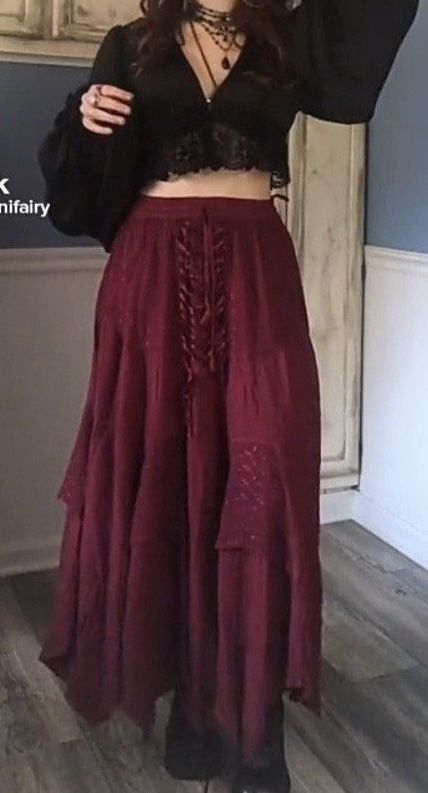 Blue Lace Shirt Outfit, Red Fairycore Outfit, Red Witchy Outfit, Witchy Everyday Outfits, Witchy Skirt Outfit, Goth Outfits With Skirt, Fall Outfits Whimsigoth, Whimsical Gothic Outfits, Witchy Casual Outfit