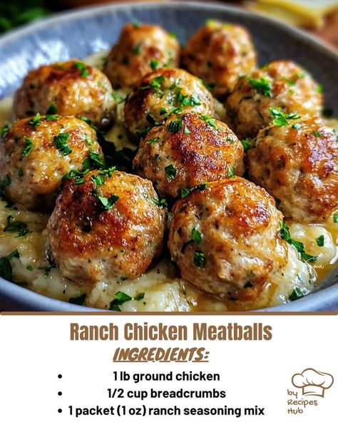 Ranch Chicken Meatballs Ranch Chicken Meatballs, Ranch Meatballs, Beef Tips And Noodles, Cheeseburger Meatloaf, Baked Meatloaf, Chicken Fajita Pasta, Mexican Casserole Recipe, Chicken Ranch, Chicken Parmesan Pasta