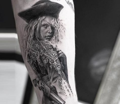 Verry nice black and grey realistic tattoo style of Pirate Woman motive done by tattoo artist Niki Norberg | Post 18379 | World Tattoo Gallery - Best place to Tattoo Arts Vintage Pirate Tattoo, Pirate Tattoo Sleeve, Pirate Girl Tattoos, Pirate Sleeve, Pirate Tattoos, Pirate Skull Tattoos, Pirate Ship Tattoos, Tatto Sleeve, Nautical Tattoo Sleeve