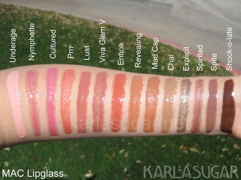 Swatches of MAC Lip glass Mac Lipgloss, Mac Lipglass, Mac Lips, Cheap Sunglasses, Makeup Swatches, Mac Makeup, Makeup Geek, Makeup Designs, Summer Gift