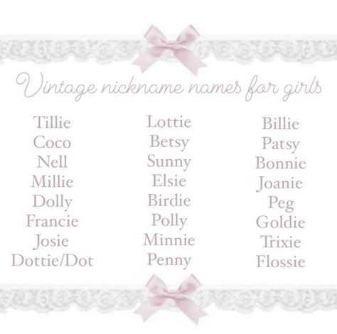 Cute Aesthetic Nicknames, Y2k Nicknames, Latina Last Names, Flower Nicknames, Coquette Names Girl, Kawaii Nicknames, Coquette Pet Names, Nickname Ideas Girl, Coquette Baby Names