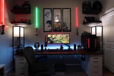 So I spent all my budget on #StarWars merch and now have to make my own #desk. Luckily it only takes 2 file cabiennts and a butchers block to make. Star Wars Theme Room, Star Wars Office, Boys Desk, Gaming Desk Setup, Star Wars Room, Floor Lamp With Shelves, The Force Is Strong, Gaming Room Setup, Star Wars Inspired