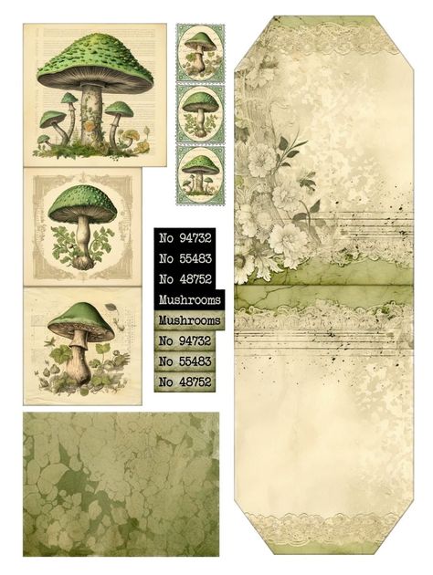 Mushroom Ephemera, Envelope Template Printable, Papel Vintage, Free Vintage Printables, Scrapbook Printing, Diy Journal Books, Scrapbook Stickers Printable, Scrapbooking Stickers, Vintage Junk Journal