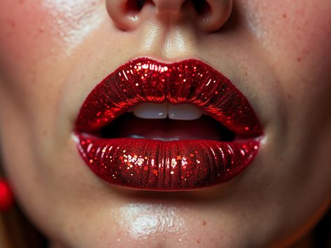 Make a statement with this extreme close-up of bold red glitter lips. The dramatic sparkle catches the light with every movement, making it the perfect festive makeup look for 2024. Get ready to shine with this bold, glittery style. Ziggy Stardust Makeup, Stardust Makeup, Red Glitter Lips, Festive Makeup, Extreme Close Up, Glitter Lips, Ziggy Stardust, Festival Makeup, Red Sequin