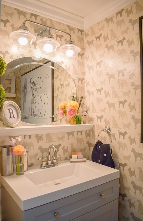 A Dog Themed Powder Room Remodel at a Danville, California home - Pins & Petals Dog Themed Room Ideas, Animal Wallpaper Powder Room, Dog Decor Bathroom Ideas, Powder Room Wallpaper Animals, Themed Powder Room, Dog Themed Bathroom, Dog Theme Bathroom, Dog Wallpaper Bathroom, Dark Tile Floors