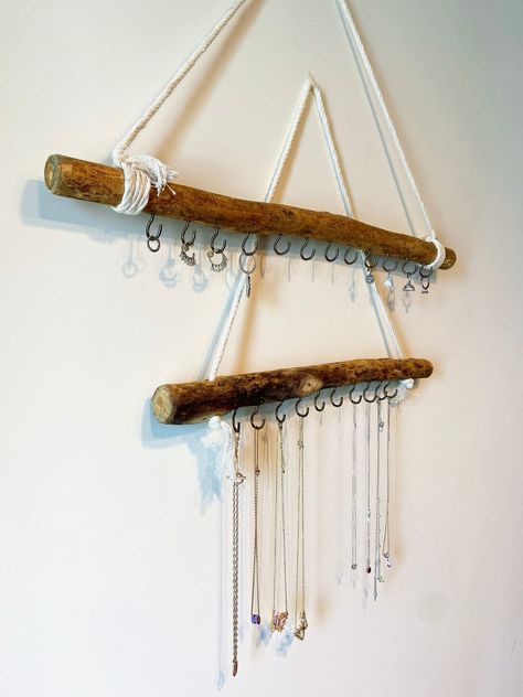 PRICES MAY VARY. 【Set of 2 Rustic Wooden Jewelry Organizers】Our Boho Driftwood Style Jewelry organizer wall mounted is made of high quality Cottonwood and white macrame hanger, giving your room a bohemian and stylish look. They are the perfect addition to your boho chic home! 【The Perfect Jewlery Holder for Any Room 】The package comes with a 17.7” and a 23.6” wooden jewlery organizer, each with 10 & 12 hooks respectively. Consider hanging your rings, necklaces, wristlets, bracelets and all sort Jewlery Holder, Jewelry Organizer Diy Wall, Boho Chic Home, Necklace Hanger, Jewelry Organizer Stand, Wall Mount Jewelry Organizer, Driftwood Jewelry, Diy Jewelry Display, Jewelry Organizer Wall