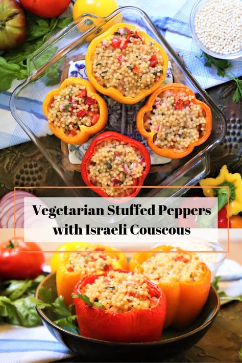 Vegetarian Stuffed Bell Peppers with Israeli Couscous - Very Vegan Val Vegetarian Stuffed Bell Peppers, Vegetarian Couscous, Couscous Stuffed Peppers, Vegan Stuffed Peppers, Vegetarian Stuffed Peppers, Farm Fresh Recipes, Bell Pepper Recipes, Couscous Recipes, Healthy Sandwiches