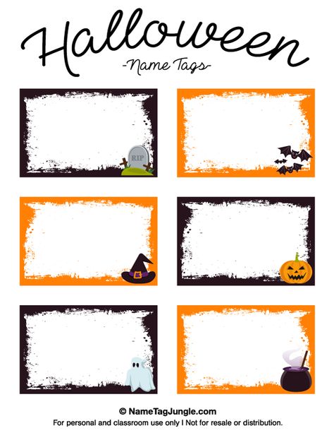 Free printable Halloween name tags with bats, a witch hat, tombstone, and other graphics.. The template can also be used for creating items like labels and place cards. Download the PDF at http://nametagjungle.com/name-tag/halloween/ Halloween Name Tags, Halloween Labels Printable, Printable Halloween Tags, Dulceros Halloween, Imprimibles Halloween, Name Tag Templates, Halloween Names, Halloween Crafts Preschool, Happy Halloween Signs