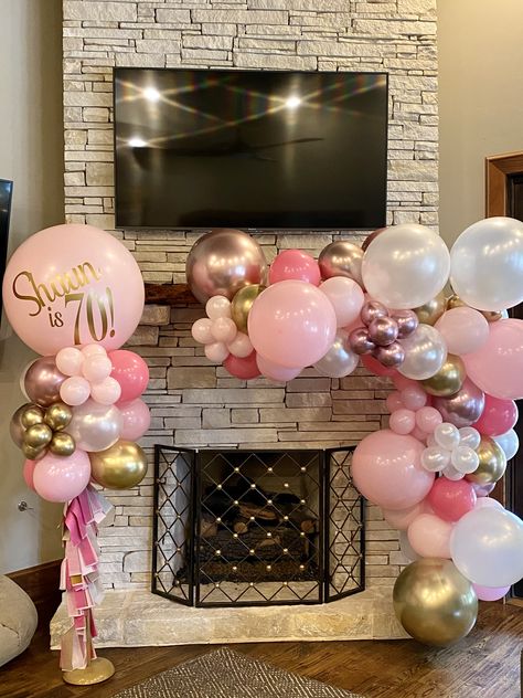 Balloon Garland Around Fireplace, Balloon Arch On Mantle, Balloon Garland On Fireplace Mantle, Balloon Arch On Fireplace Mantle, Balloons Around Fireplace, Balloon Arch Fireplace Mantle, Balloon Garland Fireplace Mantle, Fireplace Balloon Decor, Balloon Garland Mantle