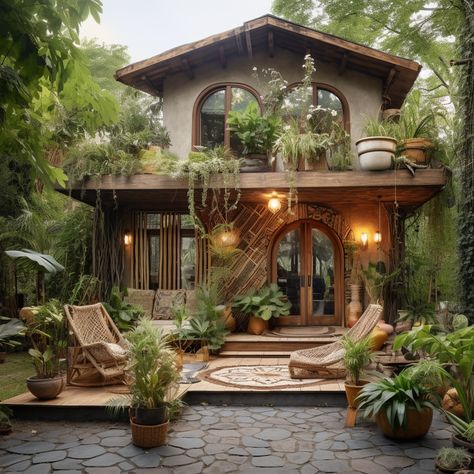 Bohemian Cottage Exterior, Earthy House Aesthetic Exterior, Planty House Exterior, Boho Blocksburg House, Boho Style House Exterior, Boho House Outside, Jungle Home Exterior, Cozy Cottage House Exterior, Bohemian Architecture Exterior