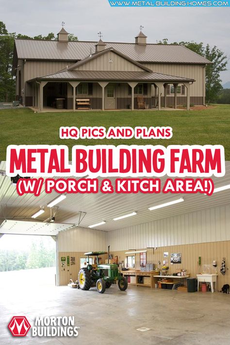 One of a Kind Metal Building Farm w/ Porch & Kitch Area! (HQ Pictures). If you’re looking for a farm with a large space and overall comfortable feel, this metal building is perfect for you. It is constructed and styled in a way that can perfectly cater to your own interior design ideas. The area will give you enough space to display whatever your creative mind has mapped. #metalbuildingfarm #metalhousing #metalhouse #metalbuildinghomes #housingsolution Barndo Shop, Portable Classroom, Metal Building Kits, Morton Building, Steel Building Homes, She Shed Ideas, Metal Building Home, Best Homes, Free House Plans