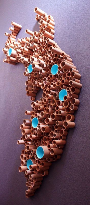 cardboard art installation | Found on tengallonhatdesigns.com Rubbish Art, Repurposed Cardboard, Cardboard Design, Cardboard Sculpture, Acoustic Wall, Cardboard Art, Relief Sculpture, Ribbon Art, Cardboard Tubes