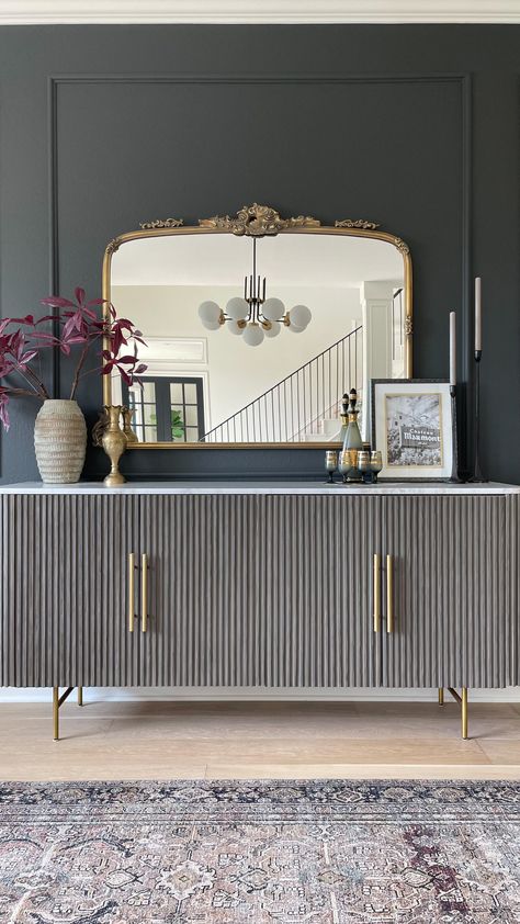 Dining Room Sideboard Styling, Decorate A Sideboard, Sideboard Decor Dining Room, How To Decorate A Sideboard, Dining Room Mirror Wall, Havenly Dining Room, Sideboard Styling, Moody Dining Room, Dining Room Design Luxury