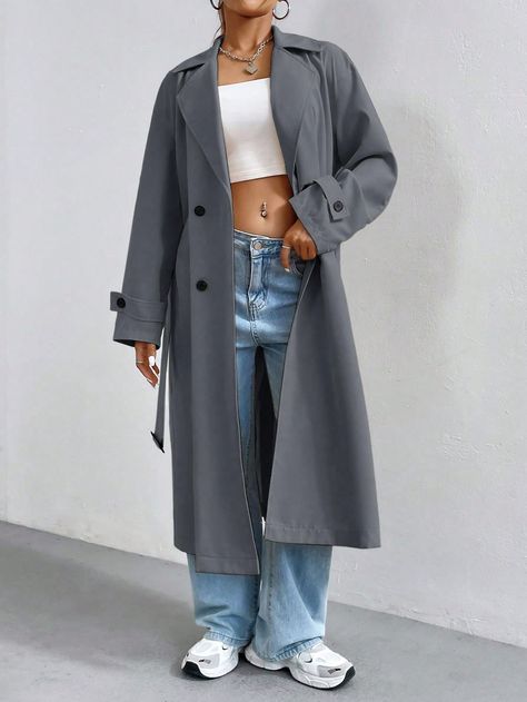 Dark Grey Casual Collar Long Sleeve Woven Fabric Plain Regular Embellished Non-Stretch  Women Clothing Grey Trench Coat Outfit Winter, Dark Grey Trench Coat Outfit, Grey Trench Coat Outfit, Trenchcoat Outfit, Outfit Otoño, Trench Coat Outfit, Grey Trench Coat, Belted Trench Coat, Grey Outfit