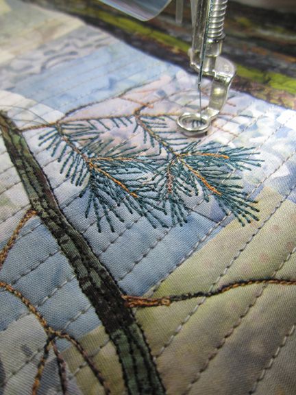 Collage Fabric, Landscape Art Quilts, Art Quilting, Free Motion Quilting Patterns, Machine Stitching, Machine Quilting Patterns, Landscape Quilt, Fiber Art Quilts, Tree Winter