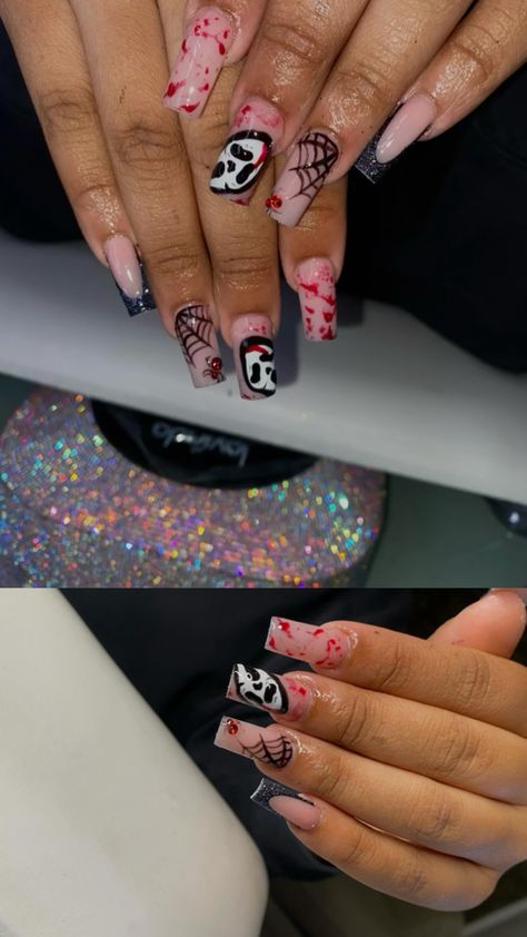 Ghost face nails for spooky season 😻 Halloween is right around the  corner  ! Ghost Face Nails, Nails Spooky, Face Nails, Ghost Face, Ghost Faces, Ghost, Nails