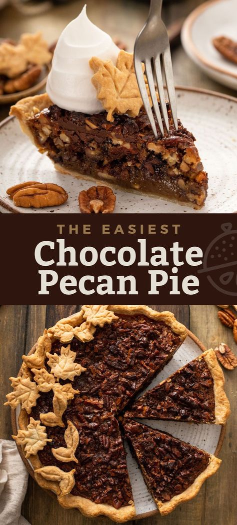 This easy Chocolate Pecan Pie recipe combines the sweetness of caramelized dark brown sugar and pecans found in a traditional pecan pie, with the richness of melted bittersweet chocolate chips. A hint of bourbon in the ooey gooey filling and a buttery flaky crust, makes this deliciously decadent dessert a great addition to your holiday table! #lemonblossoms #pie #dessert #Thanksgiving #Christmas #chocolate #pecans #holidays Pecan Praline Pie Recipe, Chocolate And Pecan Desserts, Chocolate Pecan Pie Cheesecake, Pecan Pie Decoration, Decorated Pecan Pie, Thanksgiving Pecan Pie, Chocolate Pecan Cheesecake, Chocolate Pecan Pie No Corn Syrup, Chocolate Chip Pecan Pie Recipe