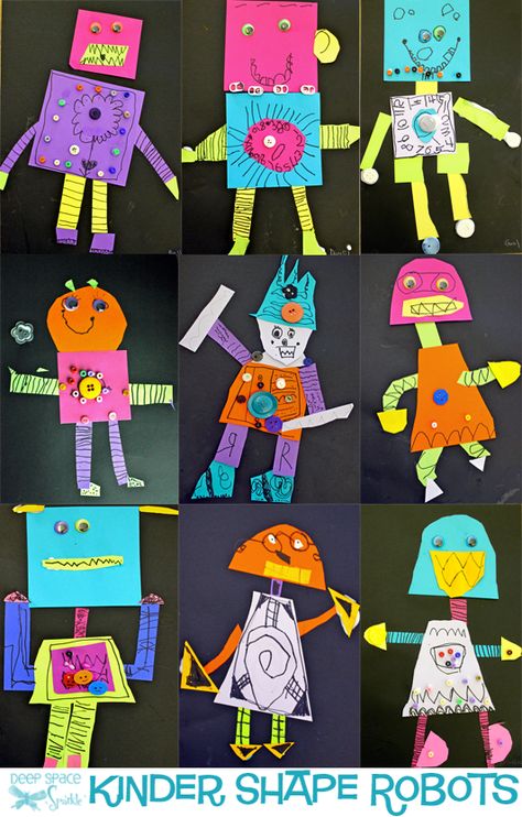 Love the robots, must do with kinder students. Shape-Robot-Art-lesson Shape Art For Kindergarten, Shapes Art For Kids, Shape Art For Kids, Kinder Art Projects, Shape Art Projects, Kindergarten Collage, Shape Robot, Robots Art, Art Kindergarten