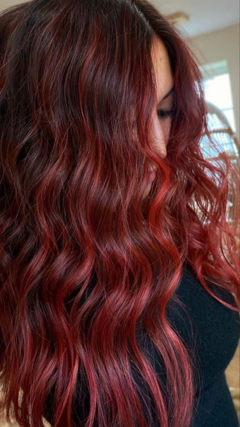 Rich Red Balayage, Red Dementional Hair, Red Bolyoge Hair, Red Bayalage Hair, Berry Red Hair, Blood Red Hair Color, Womens Red Hair Color Shades, Bright Red And Dark Red Hair, Rubra Red Hair Colour