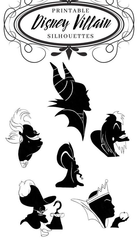 Disney Villains Silhouette, Silhouette Art Disney, Disney Stencils, Silhouettes Disney, Touch Of Evil, Disney Villain Party, Disney Silhouette Art, Silhouette Disney, Villains Party