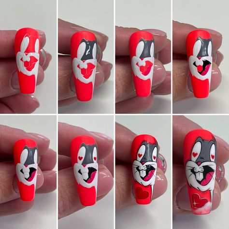 Bugs Bunny Nail Art, Cartoon Nail Designs Step By Step, Cartoon Nail Art Step By Step, Bugs Bunny Nails, Character Nail Art Step By Step, Step By Step Nail Designs, Nail Training, Cartoon Nail Designs, Character Nails