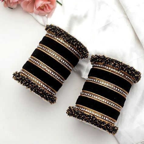 bridal bangles, traditional bangles, wedding bangles, pearl bangles, bollywood bangles, indian jewelry, pakistani jewelry, indian bangles, colorful bangles, velvet bangles, bridesmaid jewelry Black Bangles Set, Kada For Women, Black Bangles, Jewelry For Wedding, Finger Exercises, Unique Bangle, Black Bangle, Bangles Indian, Bollywood Jewelry