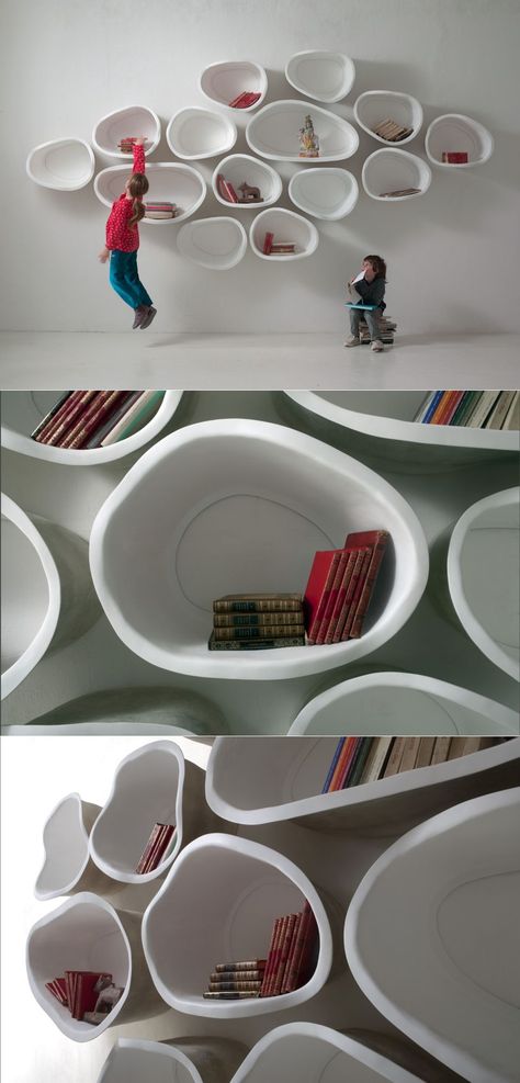 Designed and manufactured by Italian studio Imperfettolab, the FAVO shelving system is an organically-shaped offbeat shelving system to add minimal aesthetics to your home.   #Bookshelf #bookcase #shelvingunit #shelf #storageideas Organic Bookshelf, Minimal Shelving, Organic Shelf, Minimal Bookshelf, Minimal Shelves, Home Bookshelf, Shelf Designs, Attic Room, Organic Furniture