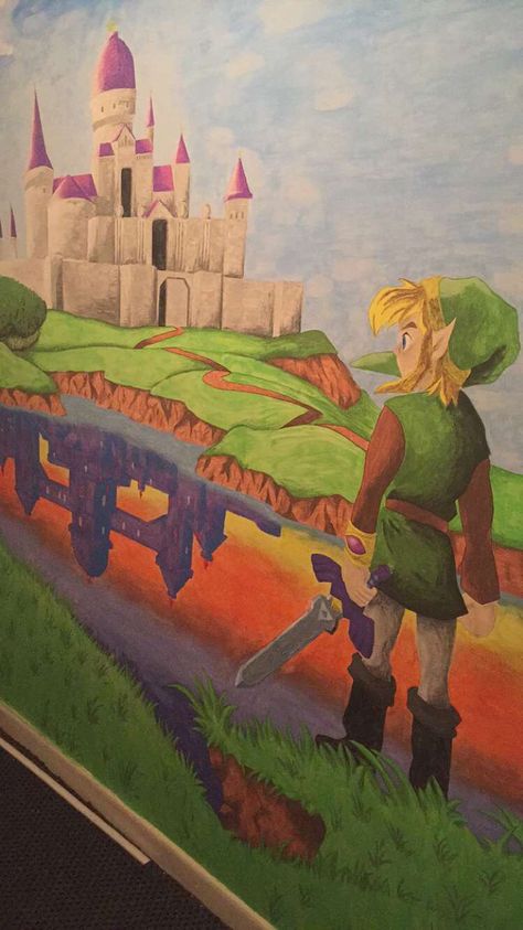 Legend of zelda. Link between worlds mural on my sons bedroom wall Zelda Link Between Worlds, Zelda Bedroom, Nerdy Bedroom, Nintendo Room, Moomin House, Link Between Worlds, Legend Of Zelda Link, Son Bedroom, Bedroom Stuff