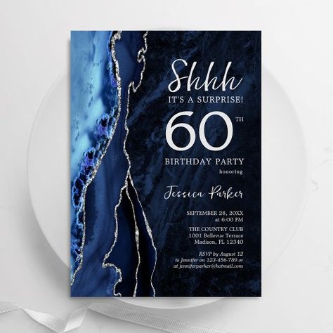 $1.85 | Navy Blue Silver Agate Surprise 60th Birthday - surprise 60th birthday, agate, shhh its a surprise, navy blue silver, womens, geode, marble, gemstone, modern trendy, elegant Shhh Its A Surprise, 65th Birthday Invitations, 65 Birthday, Surprise 30th Birthday, Watercolor Marble, Birthday Watercolor, 90th Birthday Invitations, Womens Birthday, Surprise Birthday Invitations