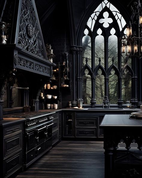 Gothic Style Kitchen, Gothic Kitchens, Gothic House Interior, Modern Gothic Interior Design, Gothic Kitchen Ideas, Kitchen Gothic, Gothic Palace, Gothic Homes, Moody Home Decor